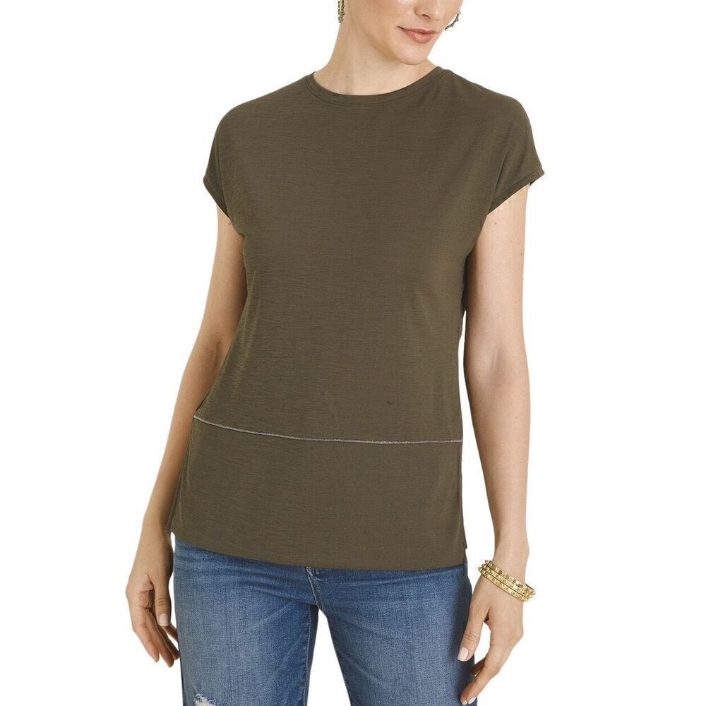 Chico's Bead Hem Cap Sleeve Knit Top‎ Deep Olive Green Small NWT